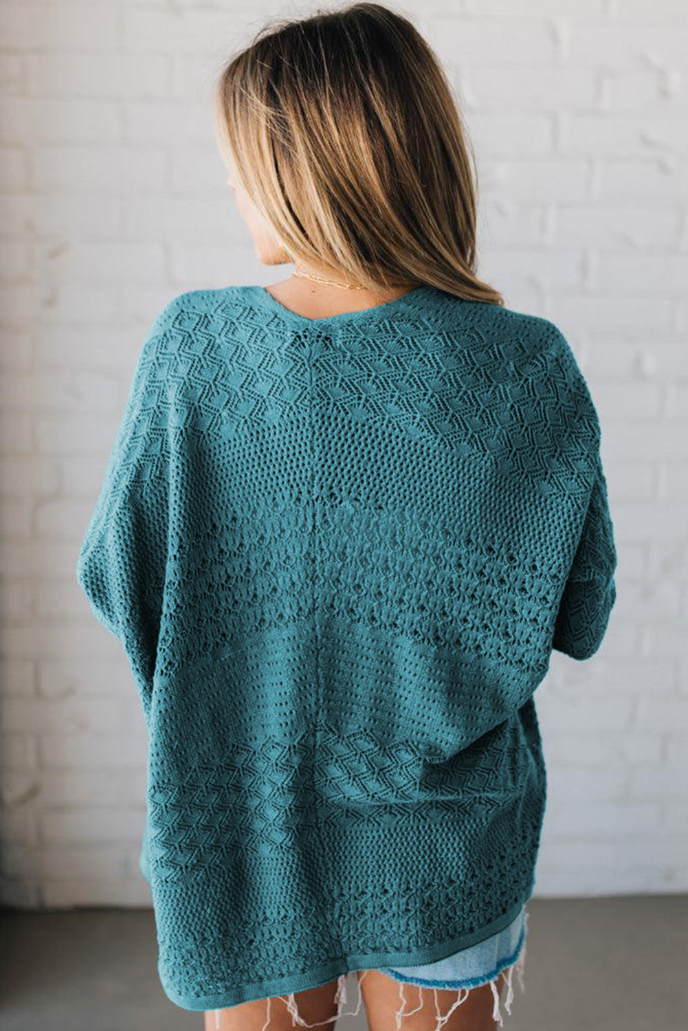 Lapis Mix Pattern Hollowed Knit Open Front Cardigan