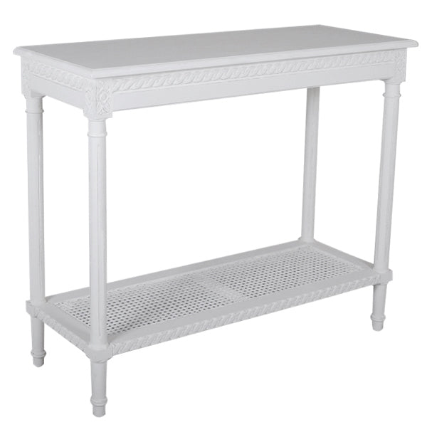 Polo Classic Console White 110cm Table with Rattan Shelf Coastal Storage
