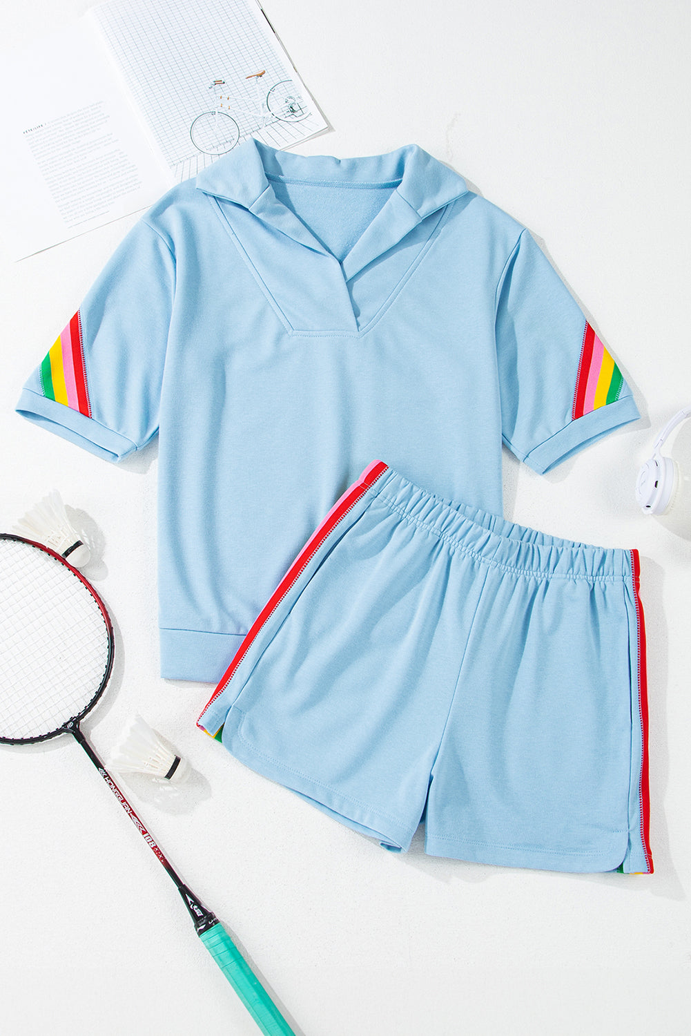 Women’s Sea Green Rainbow Colourblock Collared Short Sleeve Top and Shorts Set