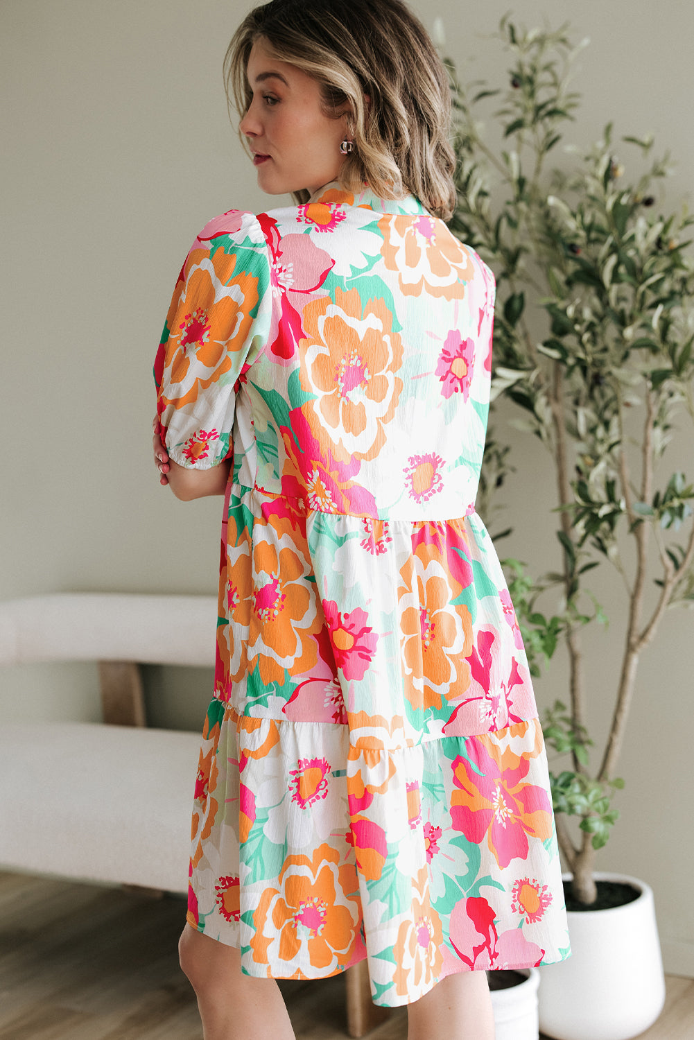 Women’s Green Floral Babydoll Dress with Puff Sleeves, Collar, and Buttons