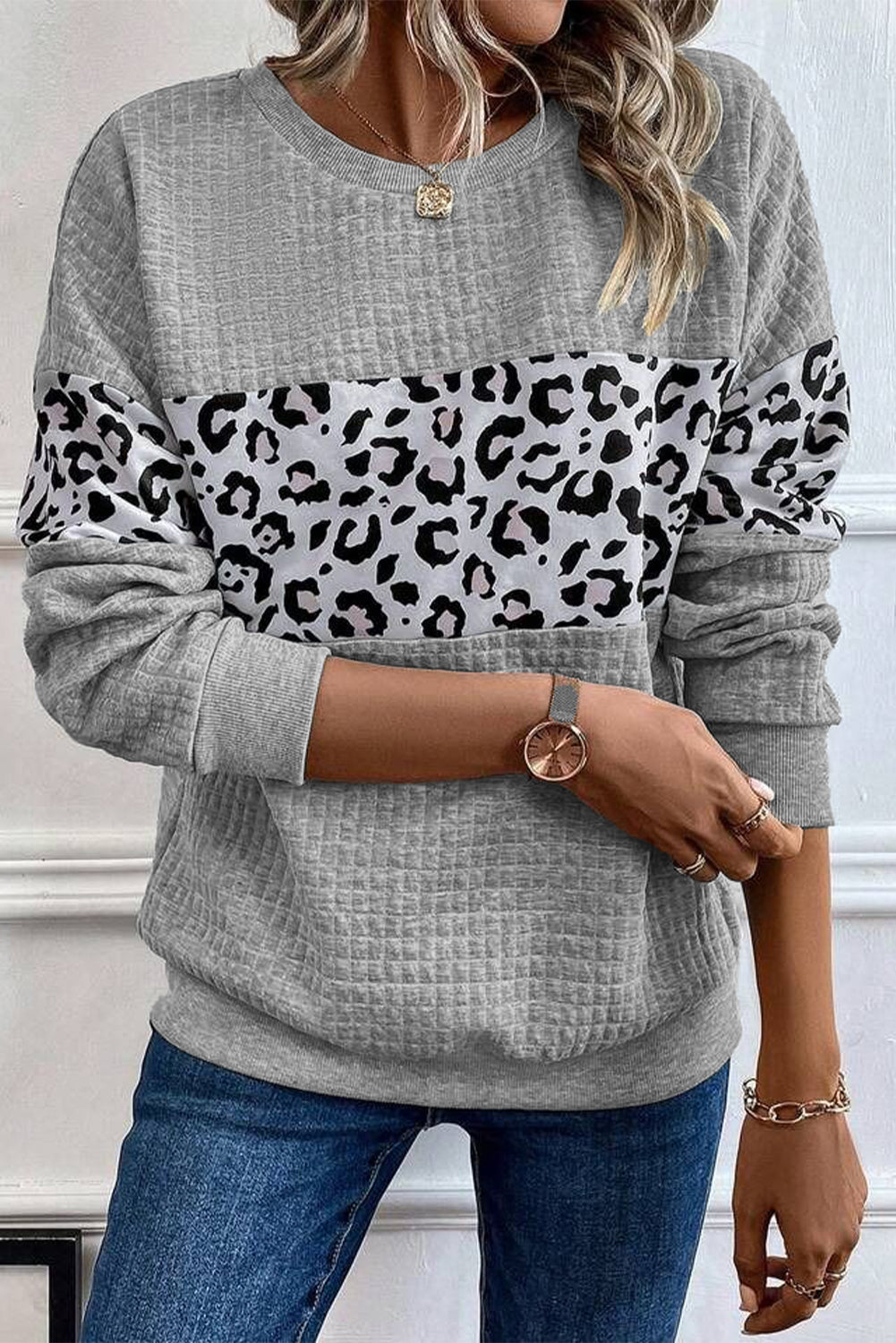 Leopard Quilted Patchwork Crew Neck Casual Sweatshirt