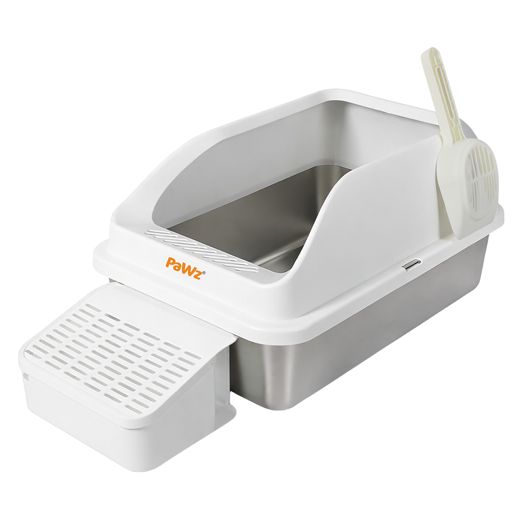 Pawz Stainless Steel Cat Litter Box Big Cats Kitten High Sided Easy Clean White-2065254294571061256