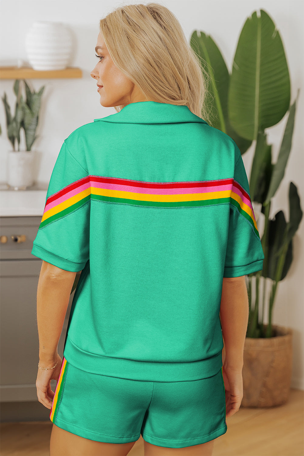 Women’s Sea Green Rainbow Colourblock Collared Short Sleeve Top and Shorts Set