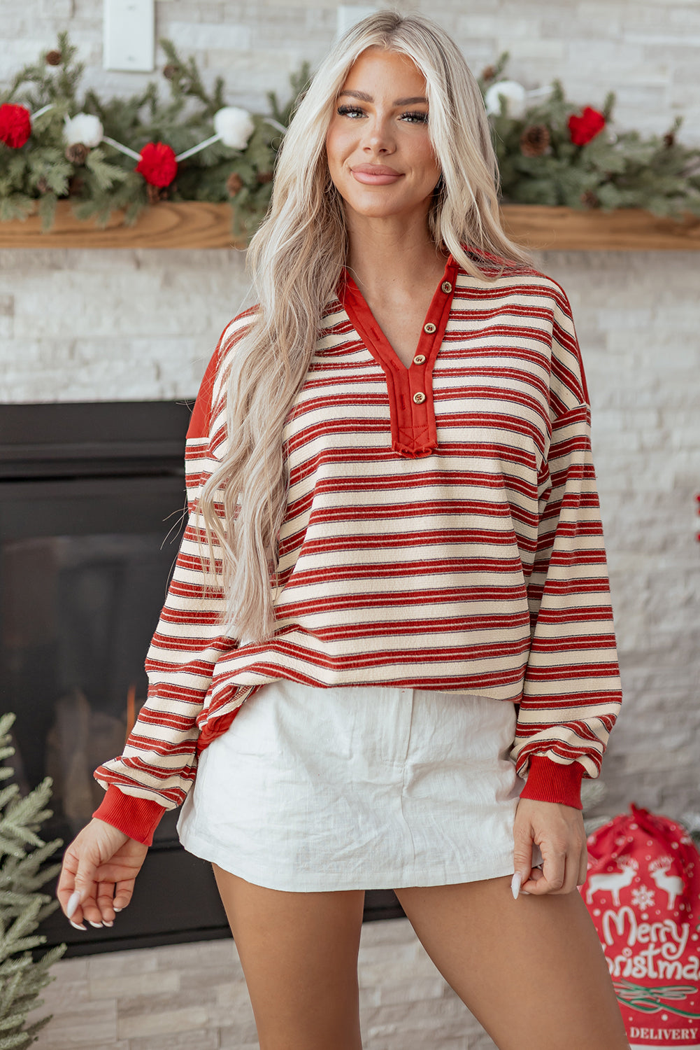Red Stripe Buttoned V Neck Collared Drop Shoulder Top