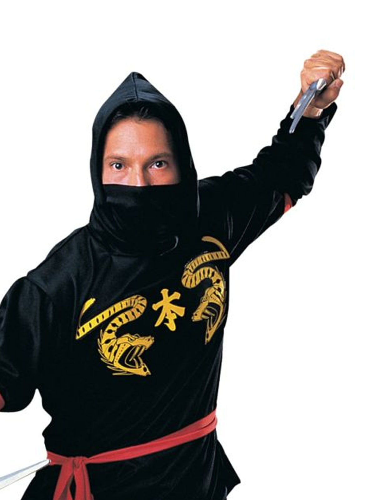 Ninja Costume Adult Black Warrior Outfit with Hood Mask Sash and Red Ties