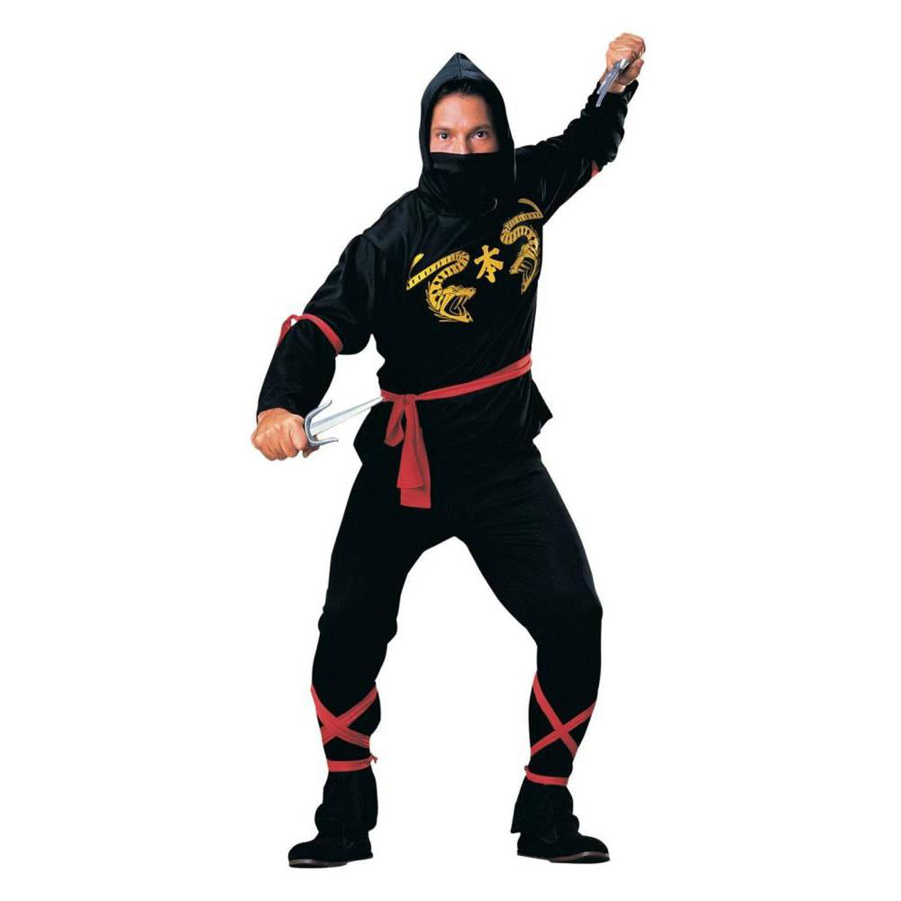 Ninja Costume Adult Black Warrior Outfit with Hood Mask Sash and Red Ties