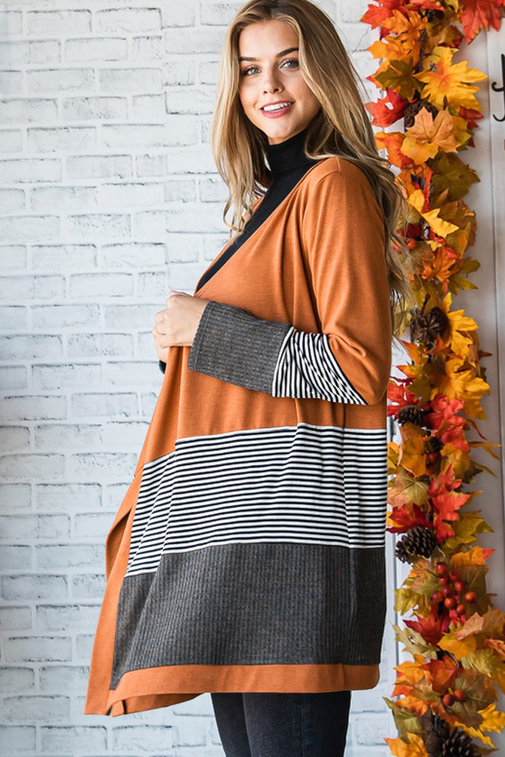 Orange Colourblock Striped Patchwork Open Cardigan Women’s Casual Knitwear