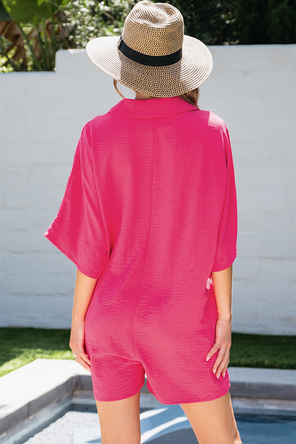 Bright Pink Half Button Collared Loose Romper Summer Outfit