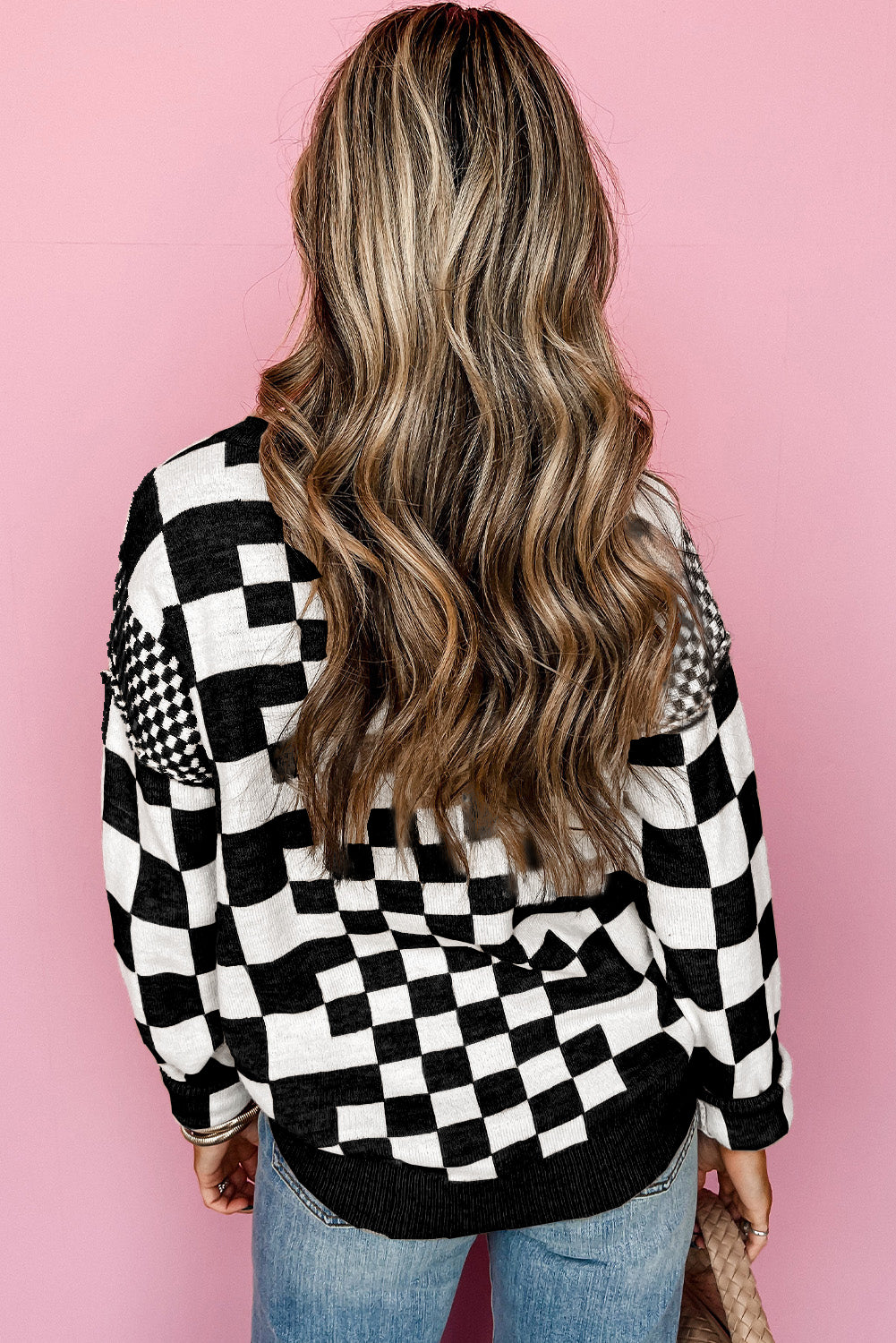 Women’s Black Checkered Print Drop Shoulder Round Neck Sweater