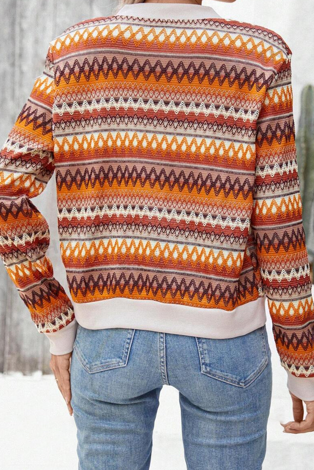 Boho Orange Striped Zip Up Long Sleeve Jacket for Women
