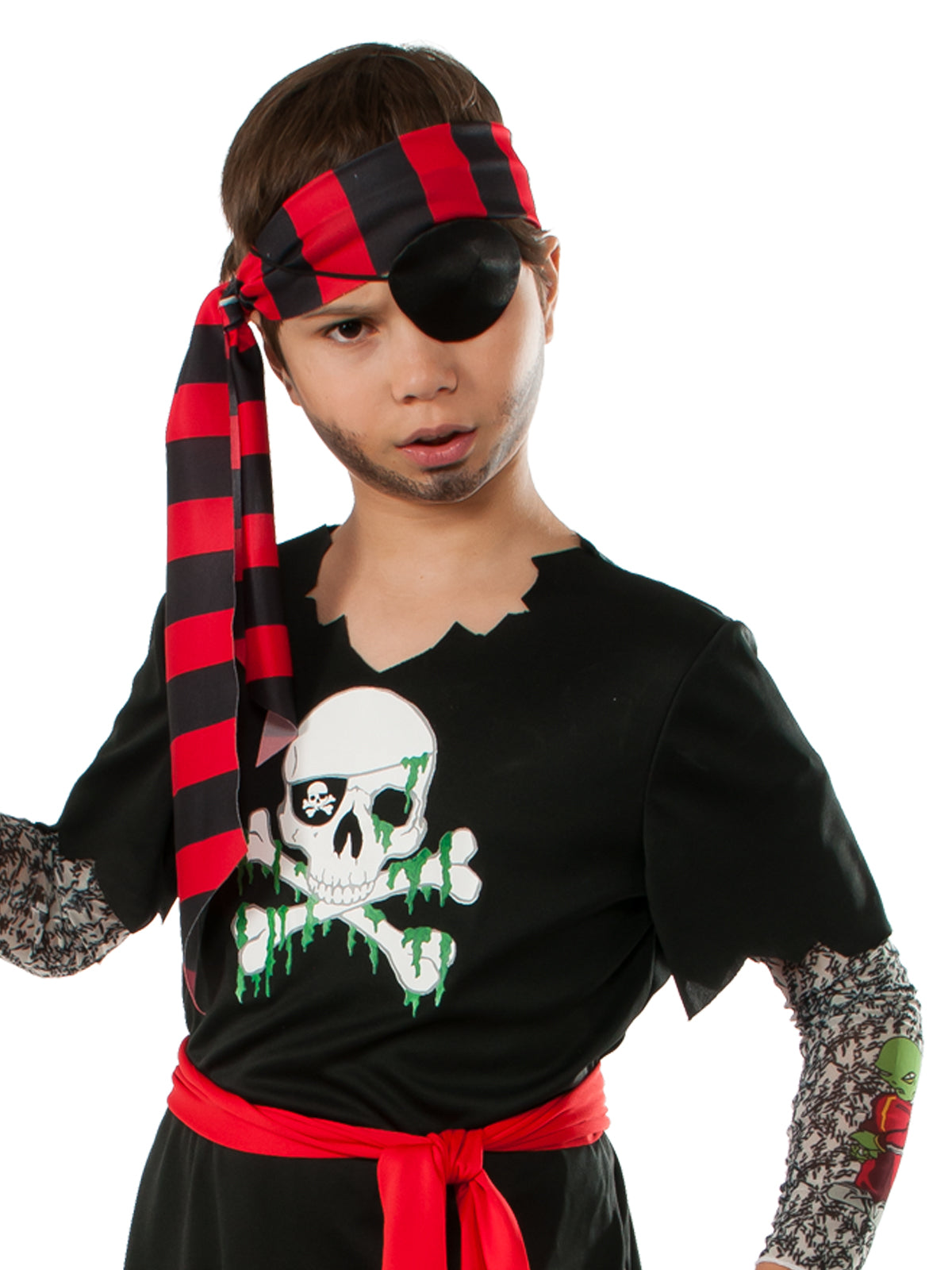 Pirate Costume for Kids with Tattoo Sleeves Shirt Pants Sash Headscarf