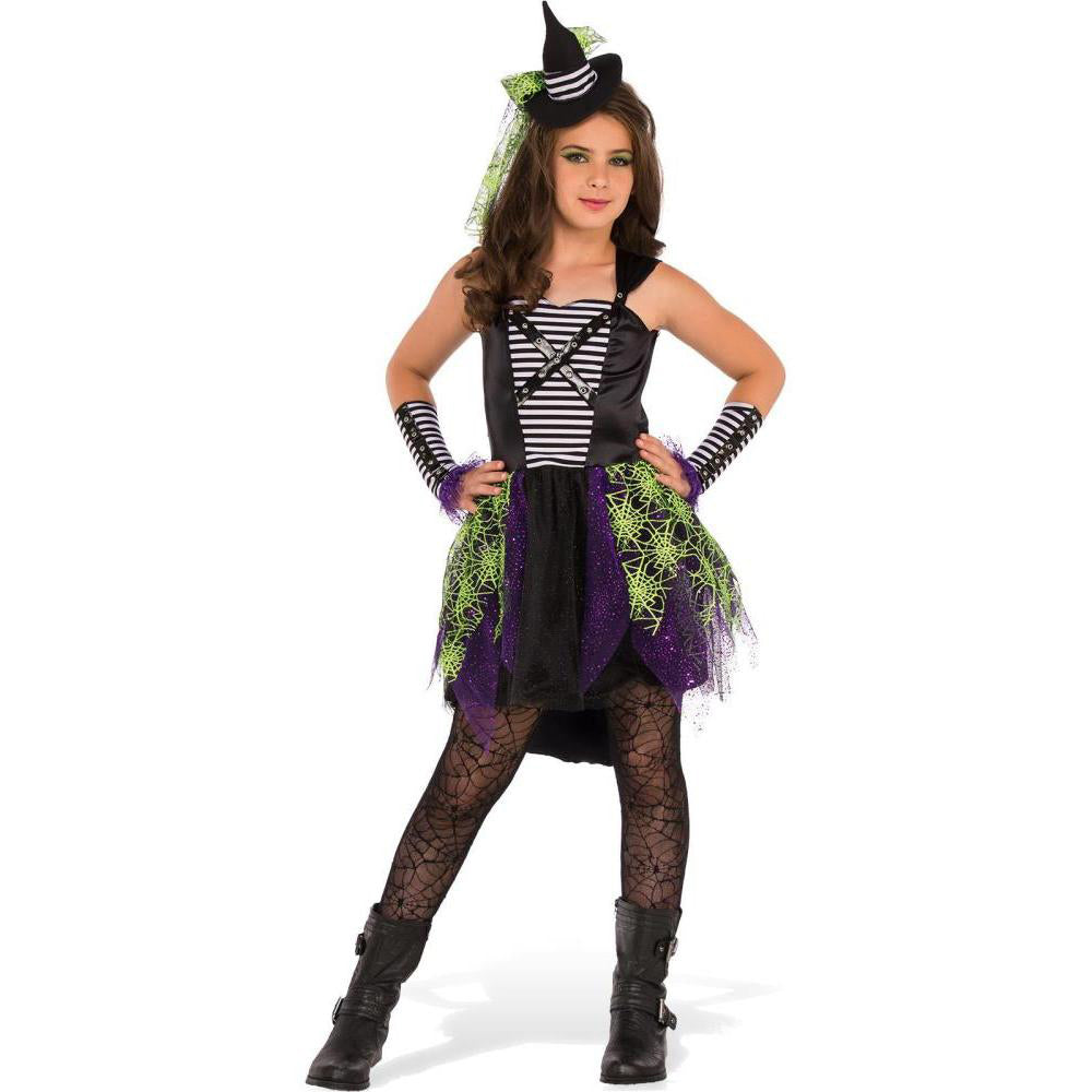 Midnight Witch Costume Teen Girls Halloween Dress with Hat and Striped Gauntlets