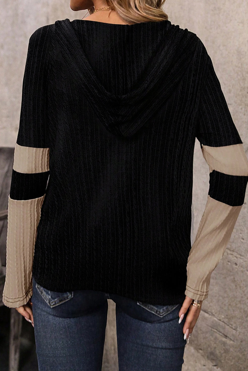 Parchment Colourblock Hoodie Textured Long Sleeve Quarter Zip Drawstring Top