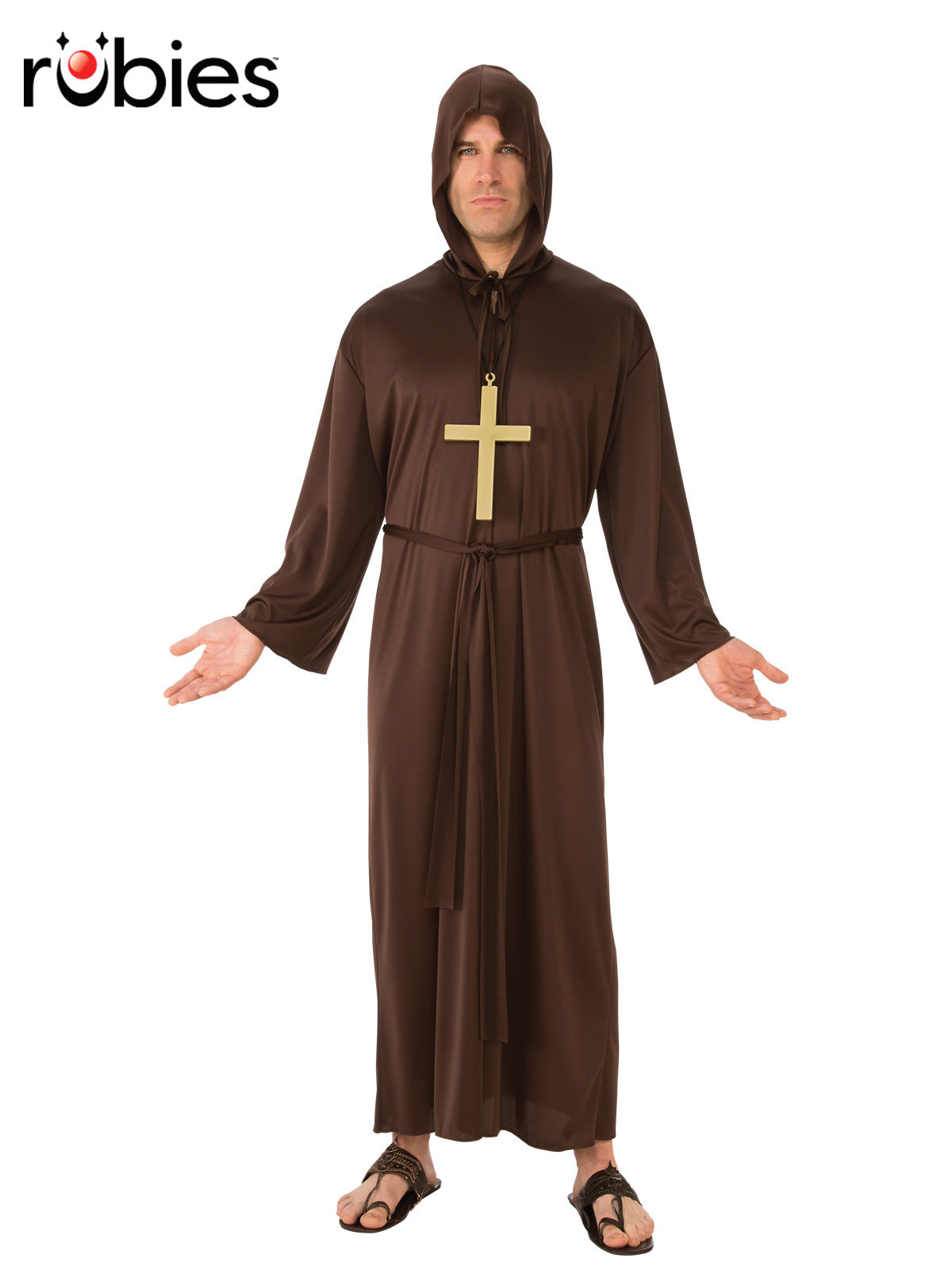 Monk Costume Adult Brown Hooded Robe with Cross Necklace and Waist Belt