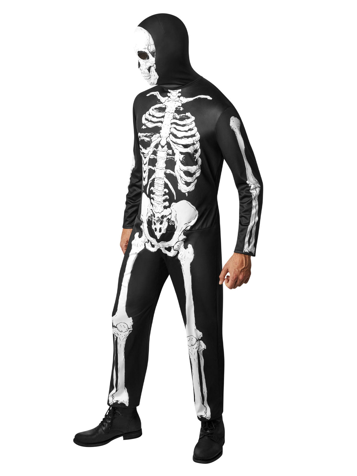 Adult Skeleton Costume Jumpsuit with Skull Hood Scary Halloween Outfit