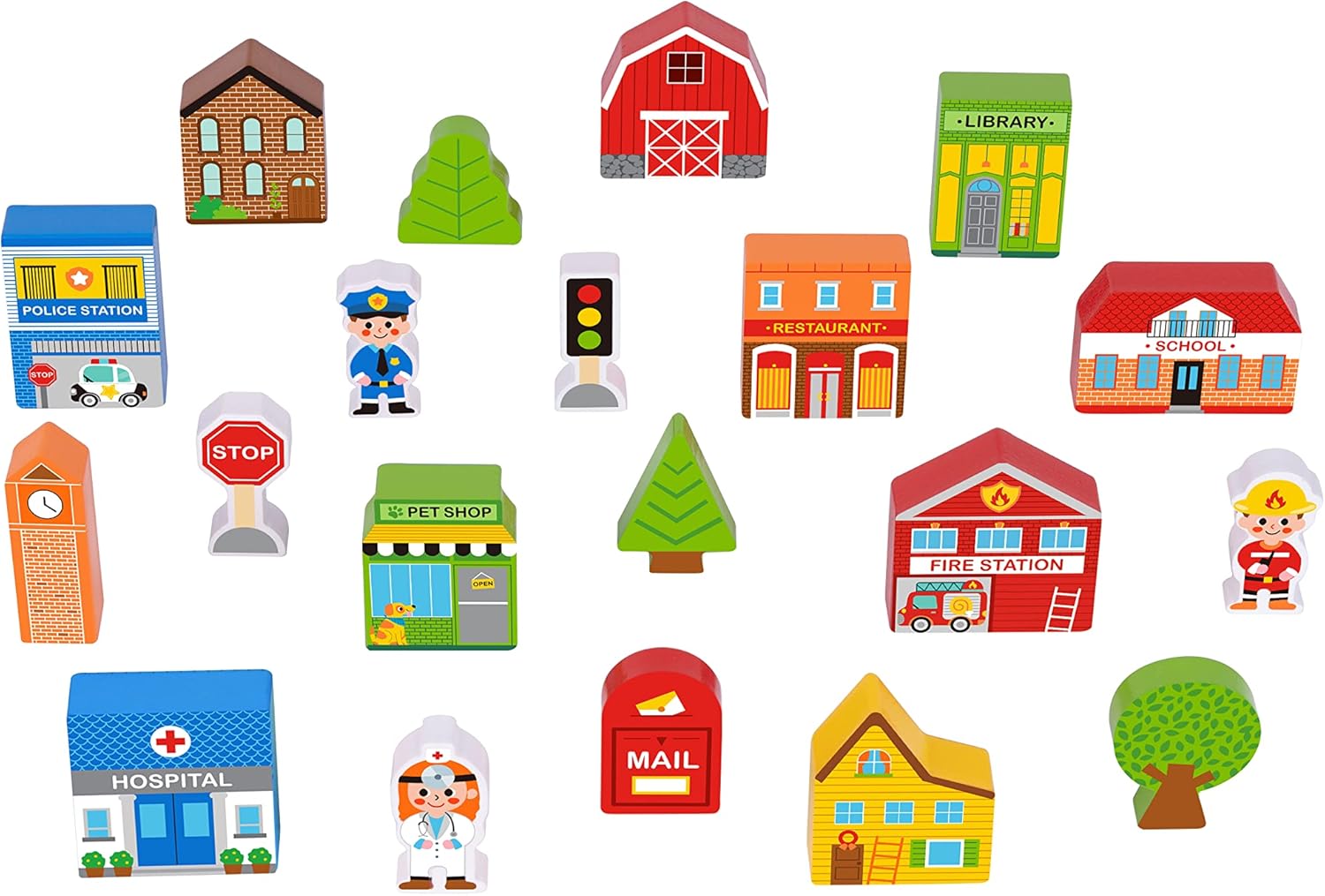 Tooky Toy Town Play Set in Wooden Case – Wooden Town Building and Figurines Pretend Play City Set