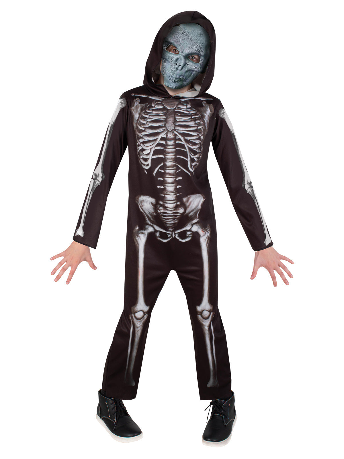 Kids Skeleton Costume Jumpsuit with Hood and Skull Mask Halloween Outfit