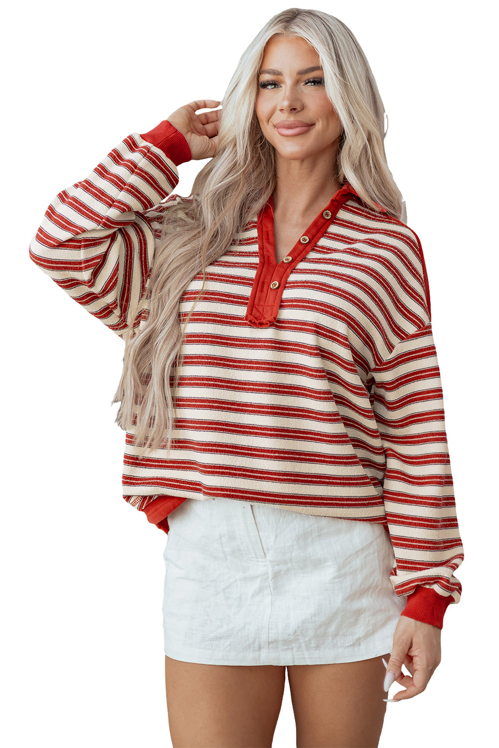 Red Stripe Buttoned V Neck Collared Drop Shoulder Top
