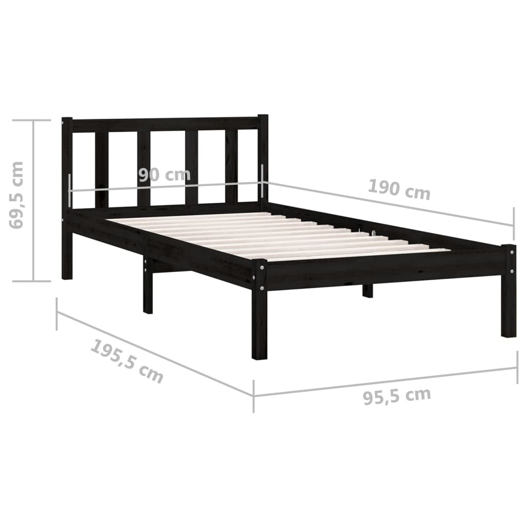 Bed Frame without Mattress 90x190cm Single Size Solid Pinewood Bedstead Black