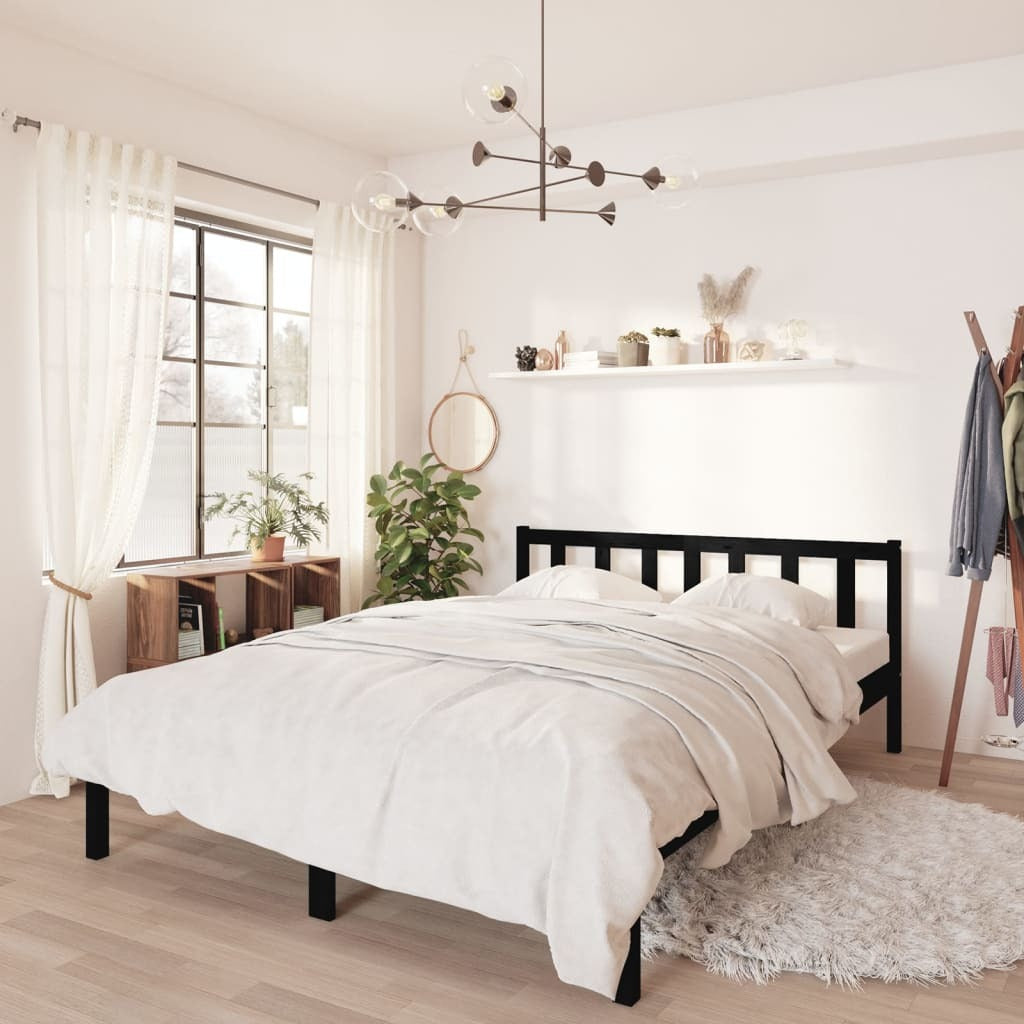 Bed Frame without Mattress 135x190cm Double Size Solid Pinewood Bedstead Black