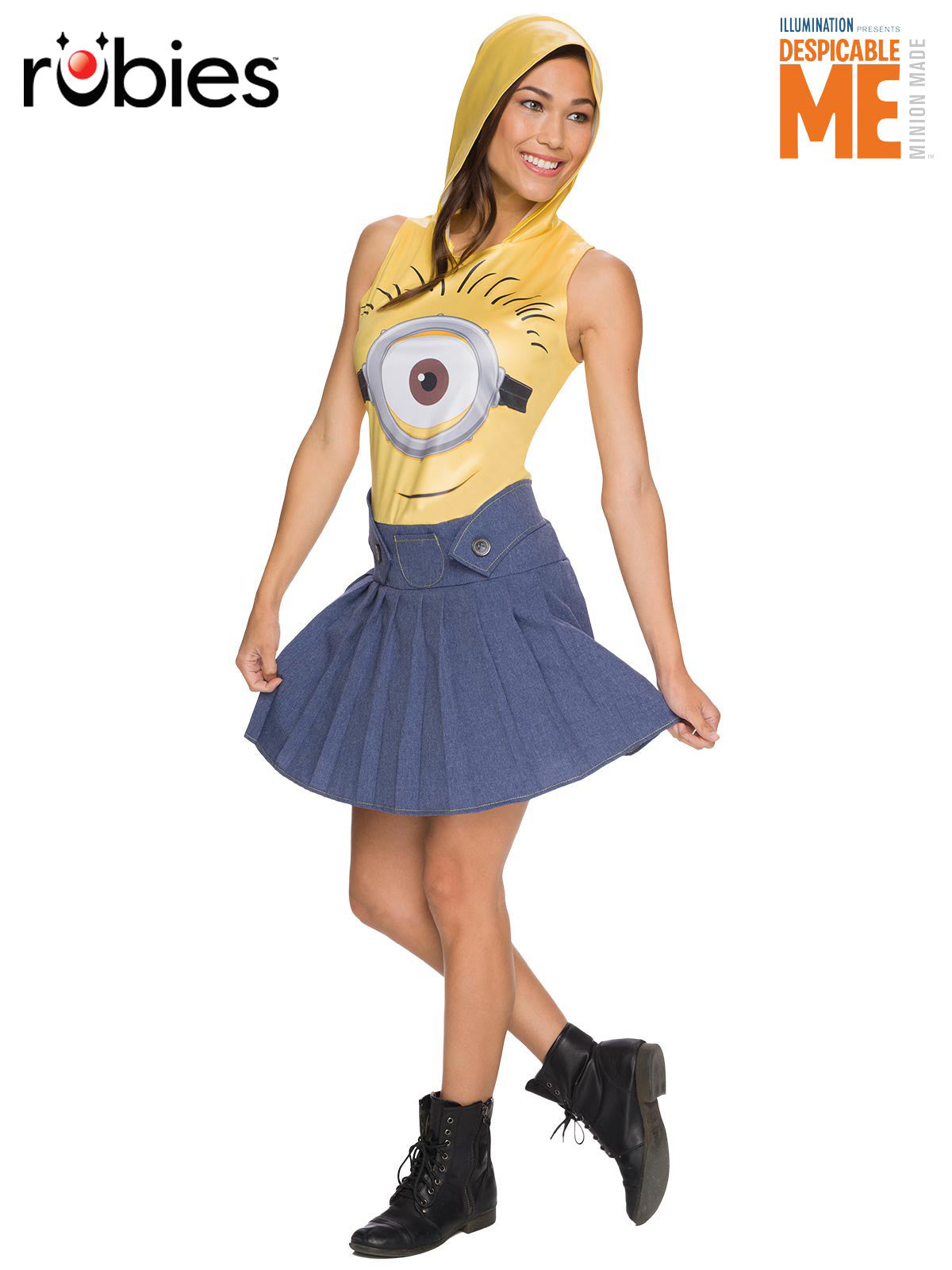 Minion Face Dress Costume Adult Despicable Me Outfit with Hood and Printed Skirt