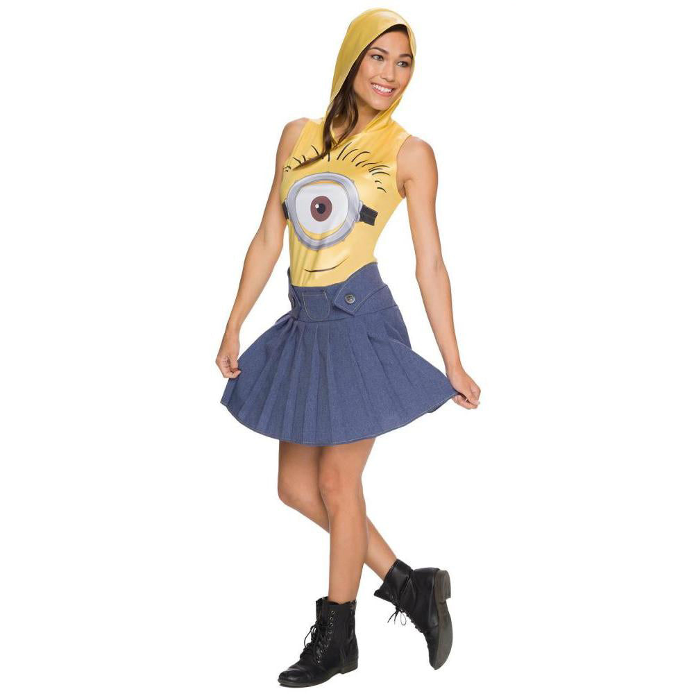 Minion Face Dress Costume Adult Despicable Me Outfit with Hood and Printed Skirt