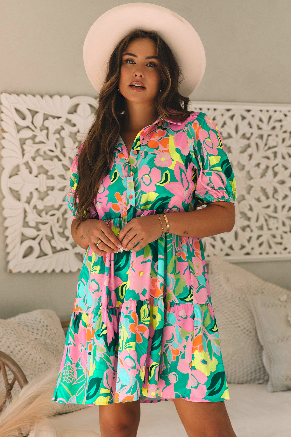 Women’s Green Floral Babydoll Dress with Puff Sleeves, Collar, and Buttons