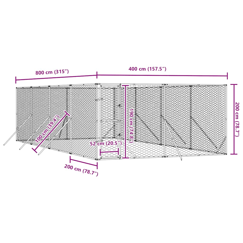 Outdoor Dog Kennel Silver 4x8x2 m Galvanised Steel