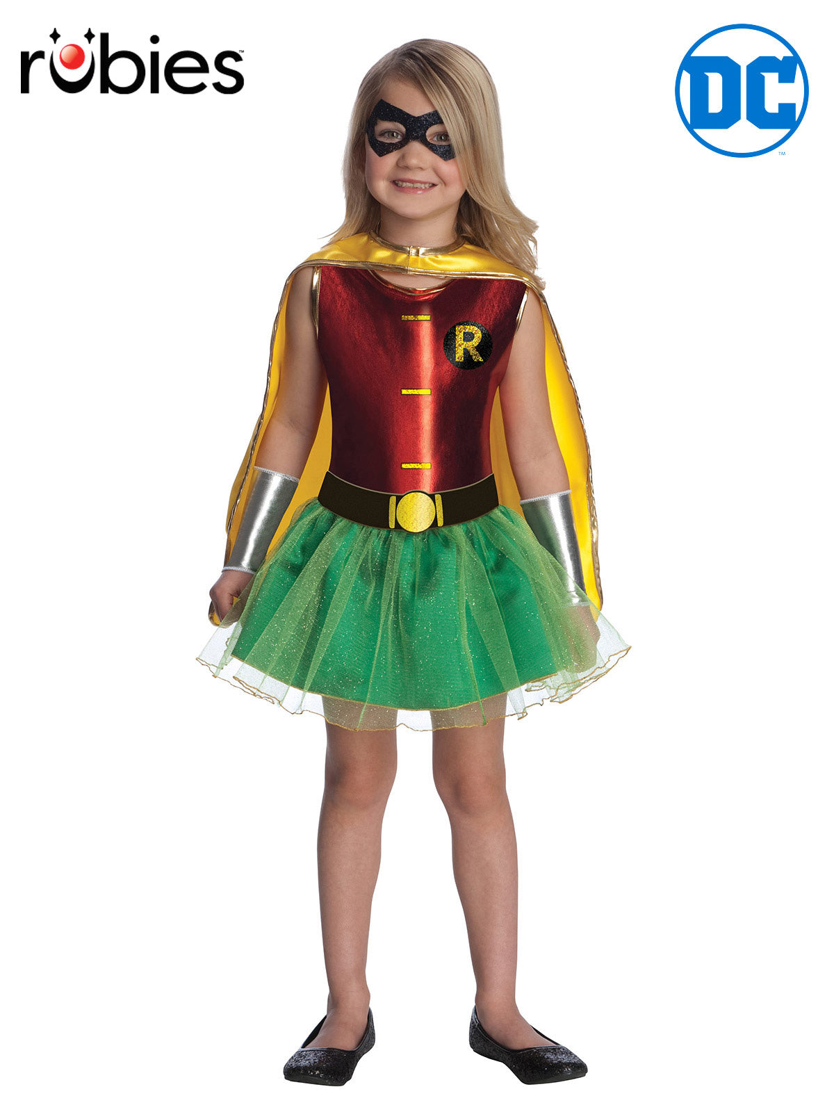 DC Comics Robin Girls Costume with Shiny Dress, Tutu Skirt, Cape and Eyemask - Red & Green Colour