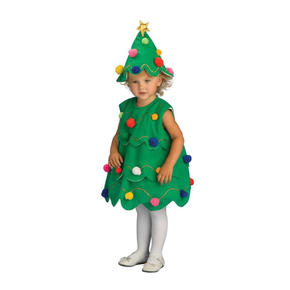 Christmas Tree Festive Costume Dress for Kids with Hat Pom Poms and Star