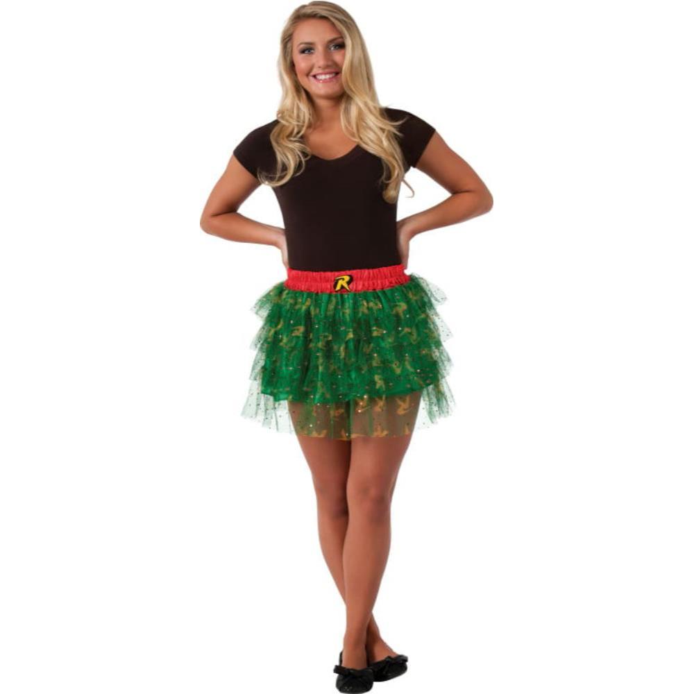 DC Comics Robin Girls Tutu Skirt with Glitter Tulle Layers and Logo Print - Red & Green Colour