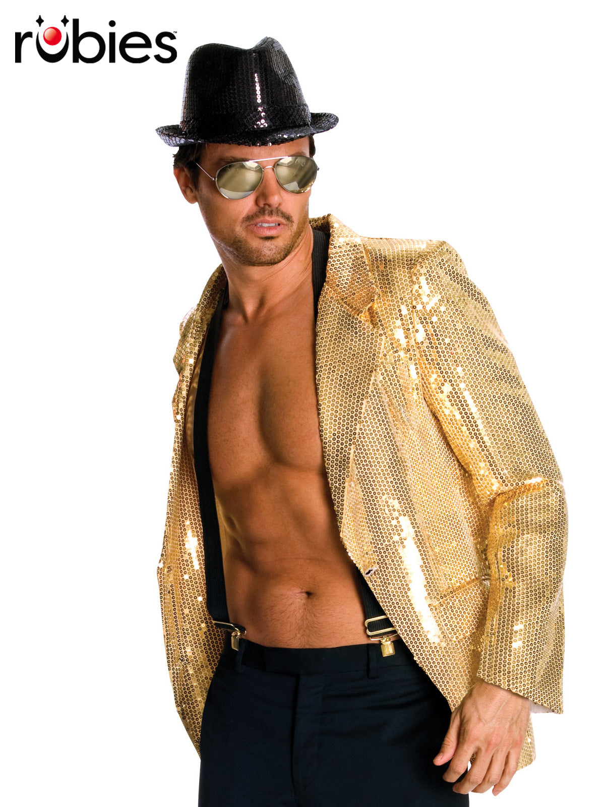 Mens Sequin Disco Jacket Costume Fancy Dress Party Outfit - Gold