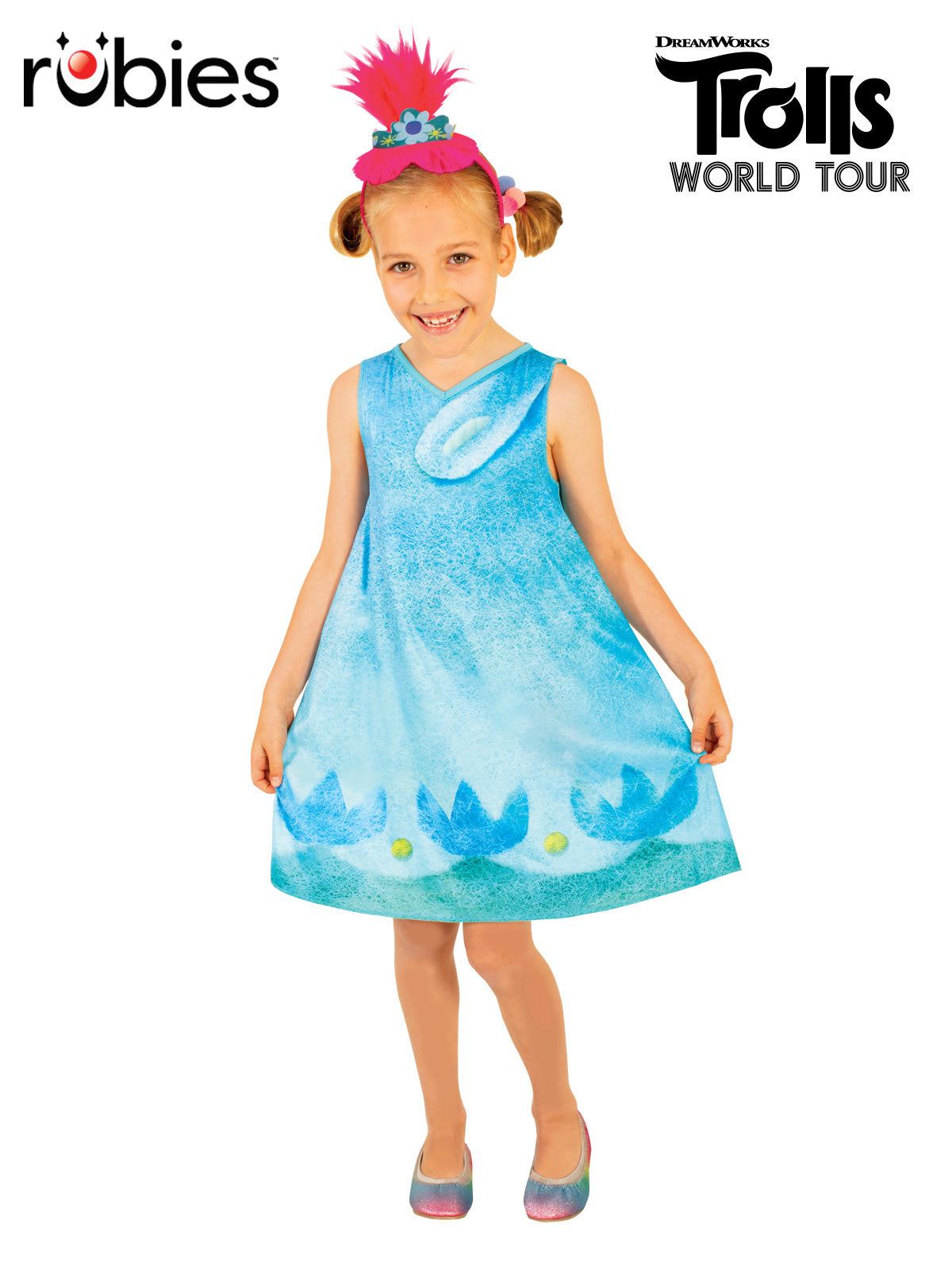 Trolls Queen Poppy Kids Costume With Dress and Plush Hair Headband