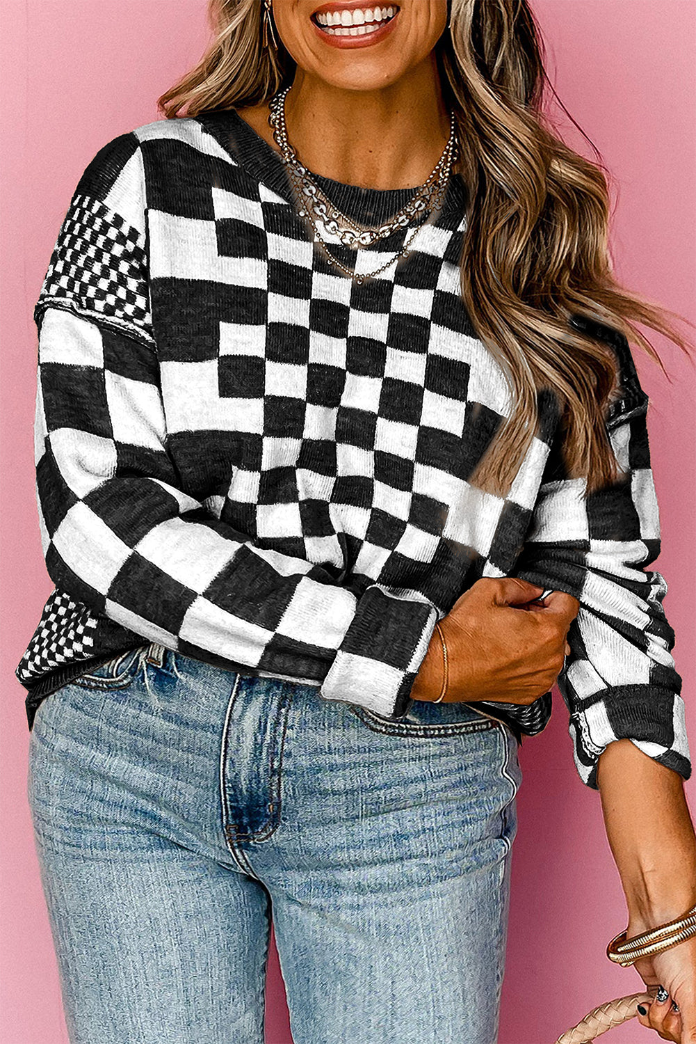 Women’s Black Checkered Print Drop Shoulder Round Neck Sweater