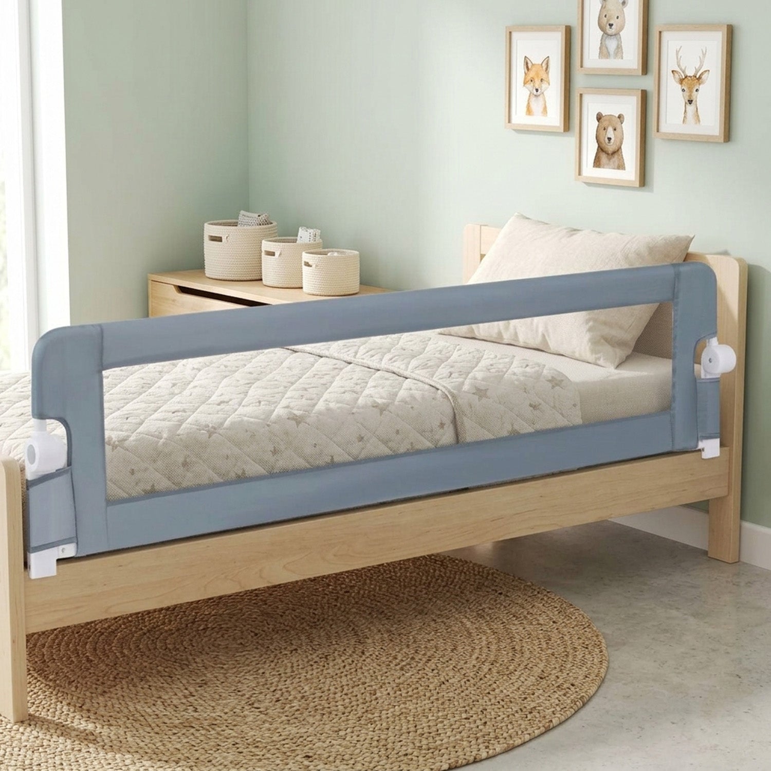 Foldable Toddler Bed Rail Guard Adjustable Safety Strap Grey Kids