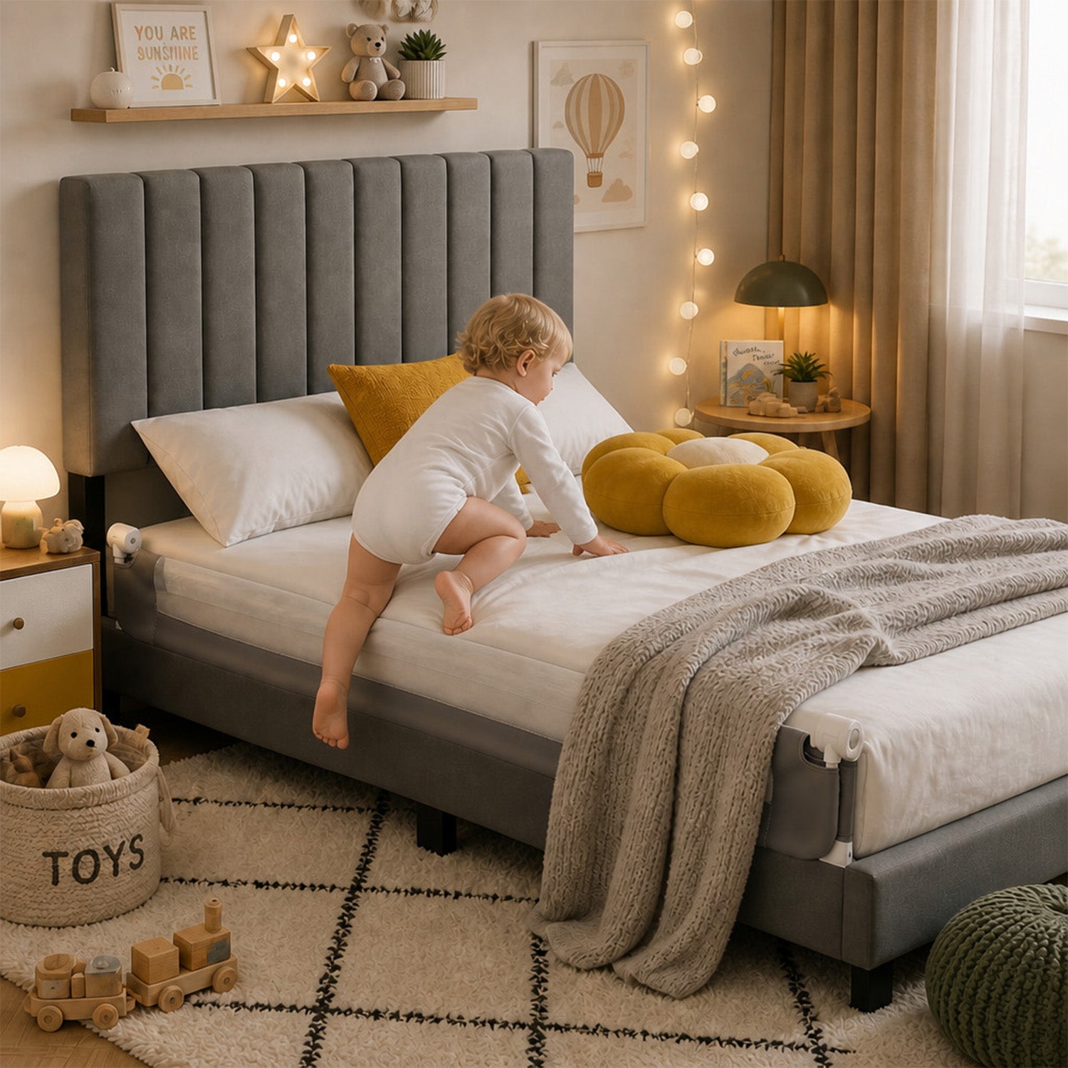 Foldable Toddler Bed Rail Guard Adjustable Safety Strap Grey Kids