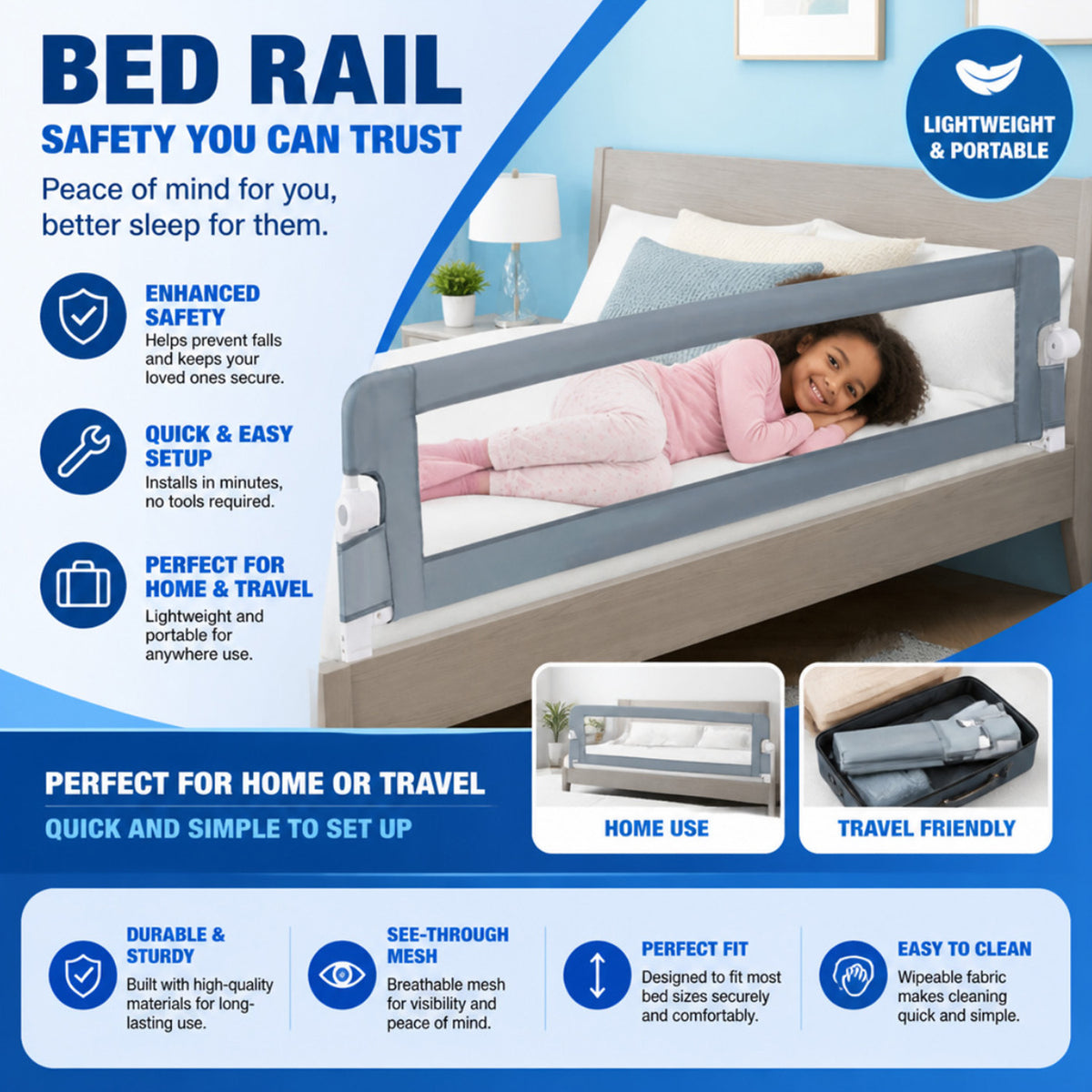 Foldable Toddler Bed Rail Guard Adjustable Safety Strap Grey Kids
