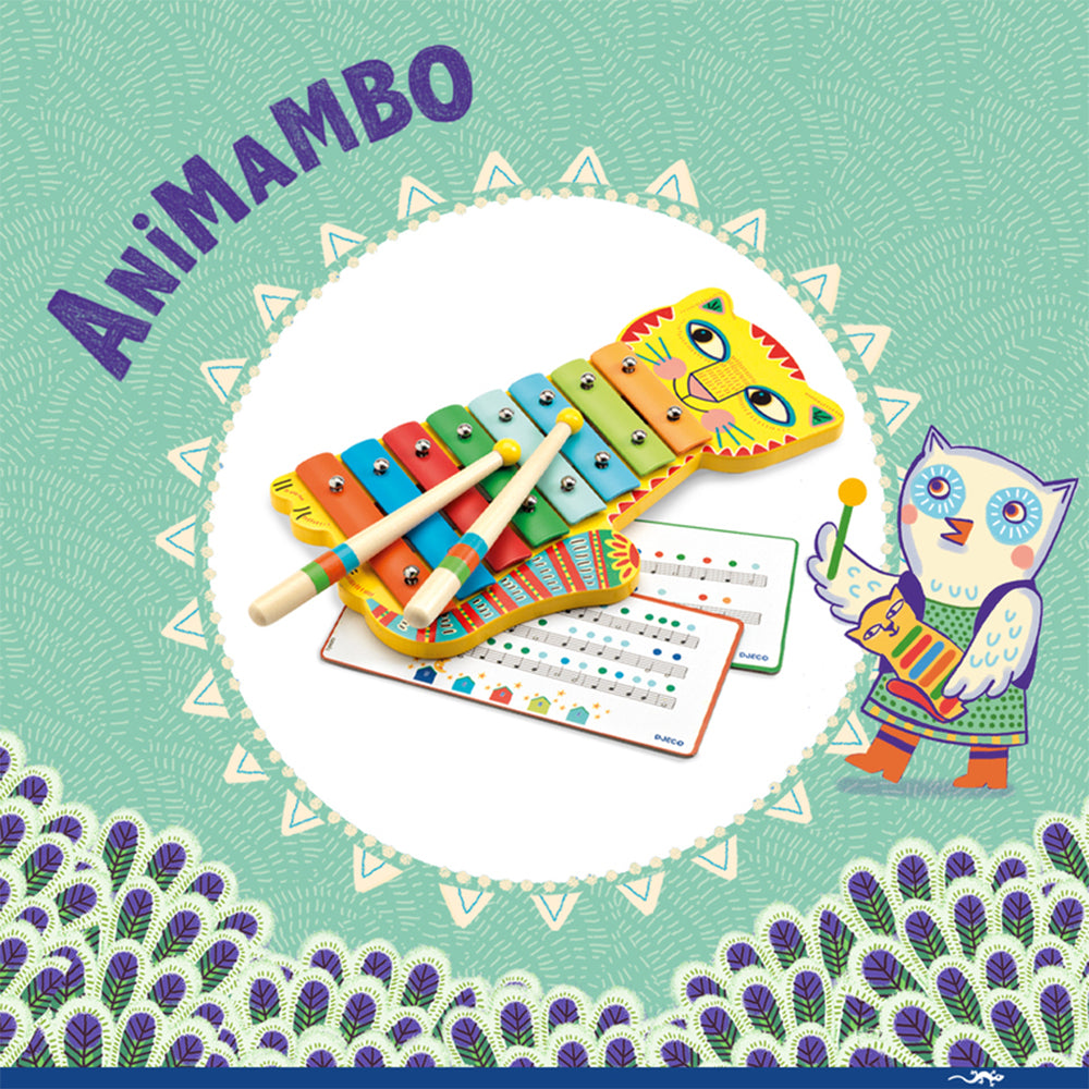 Djeco Animambo Metallophone Cheeky Cat Wooden Musical Toy Colourful Keys 3+Yrs