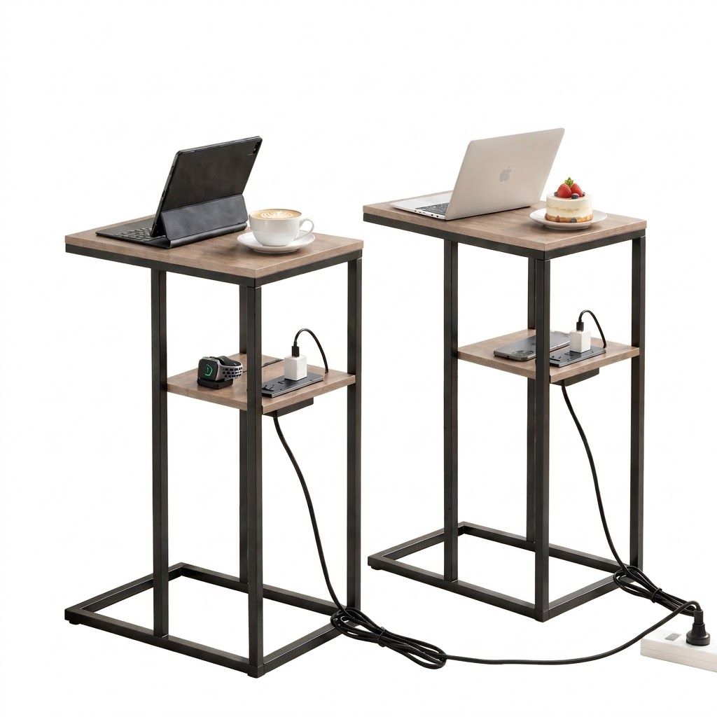Artiss C-Shaped End Table Set Of 2 Charging Station 2-Tier Side Coffee Table Bedside Wood