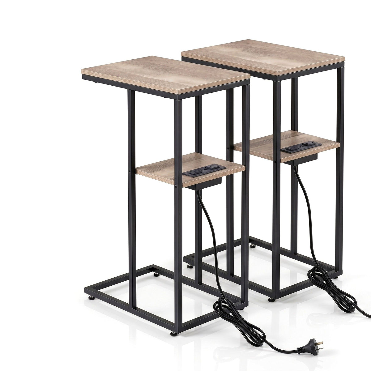 Artiss C-Shaped End Table Set Of 2 Charging Station 2-Tier Side Coffee Table Bedside Wood