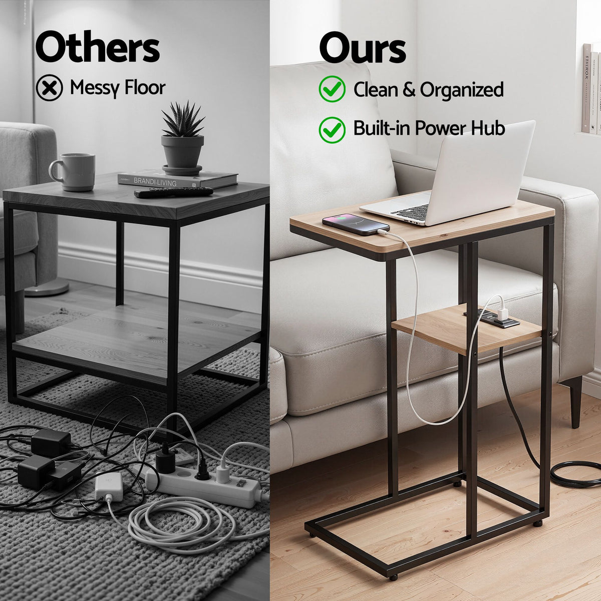 Artiss C-Shaped End Table Set Of 2 Charging Station 2-Tier Side Coffee Table Bedside Wood