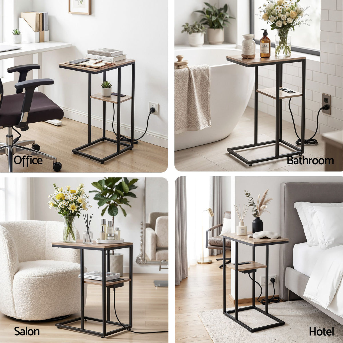 Artiss C-Shaped End Table Set Of 2 Charging Station 2-Tier Side Coffee Table Bedside Wood