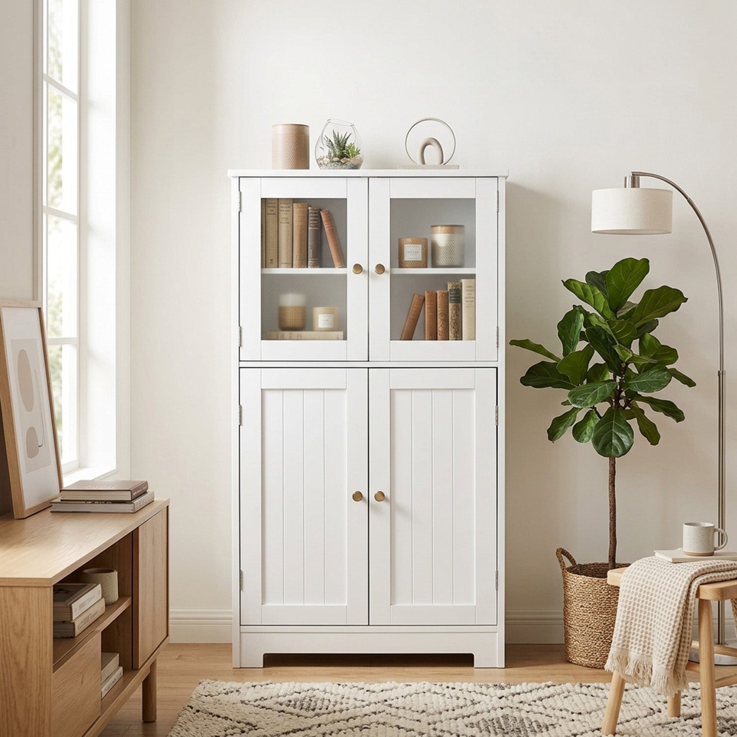Bathroom Storage Cabinet Tempered Glass Doors Adjustable Shelf Furniture Home