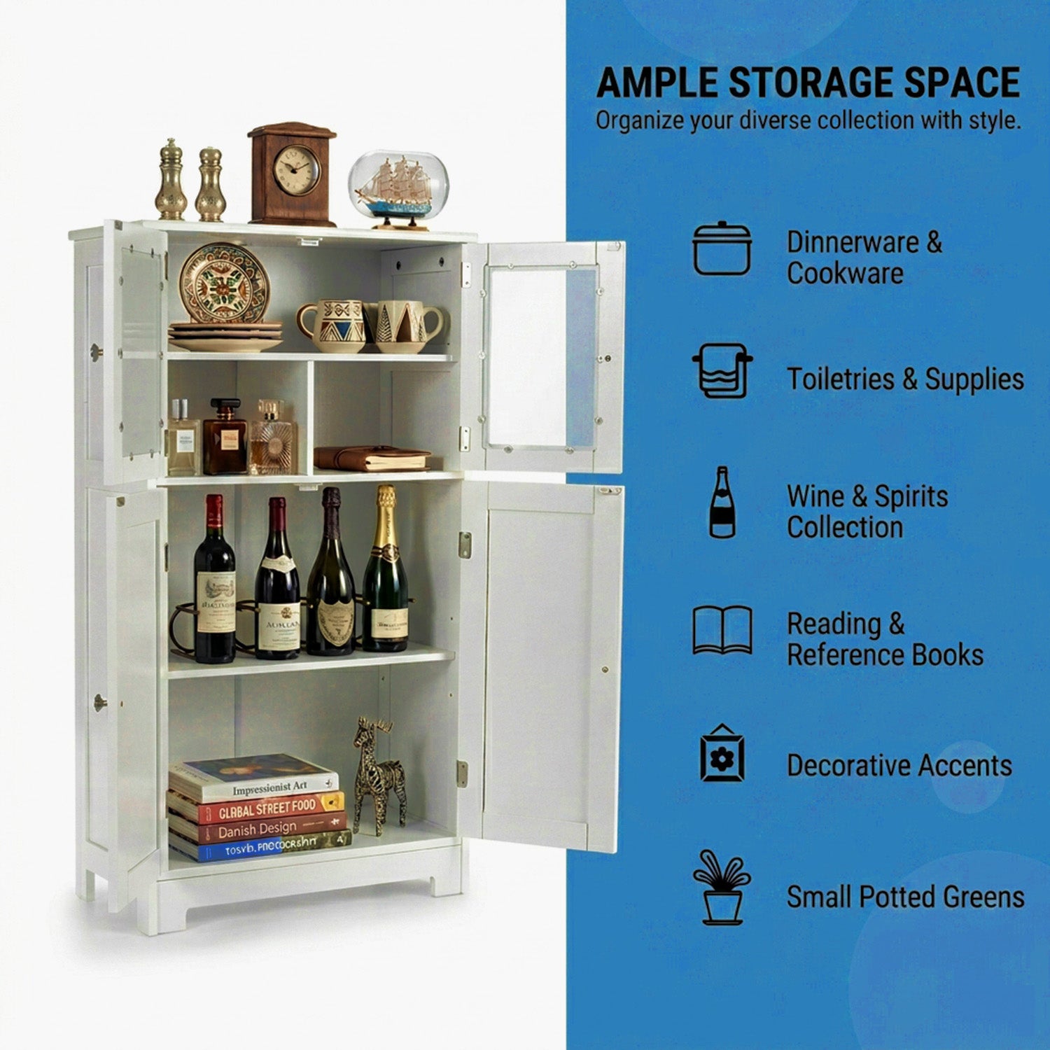 Bathroom Storage Cabinet Tempered Glass Doors Adjustable Shelf Furniture Home