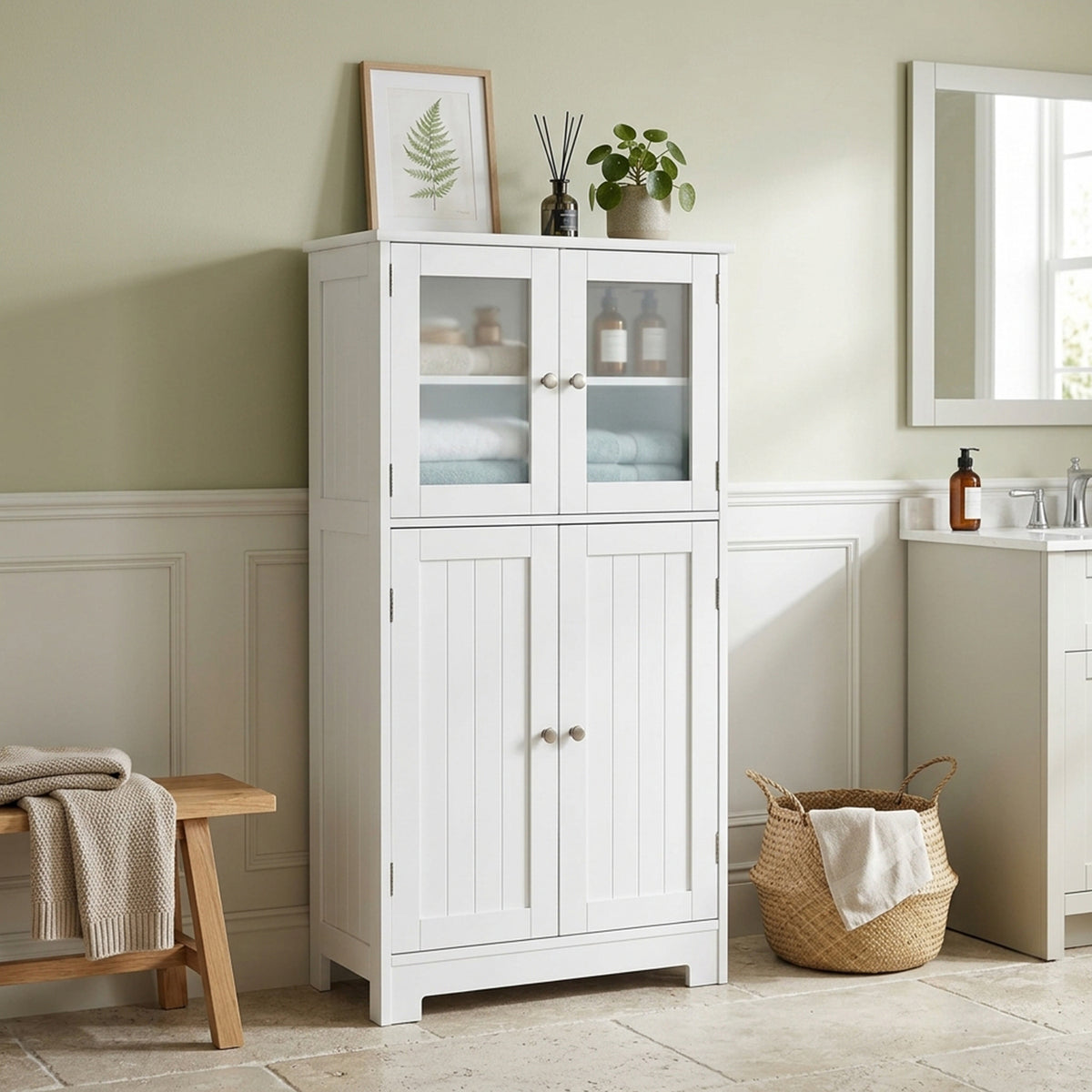 Bathroom Storage Cabinet Tempered Glass Doors Adjustable Shelf Furniture Home