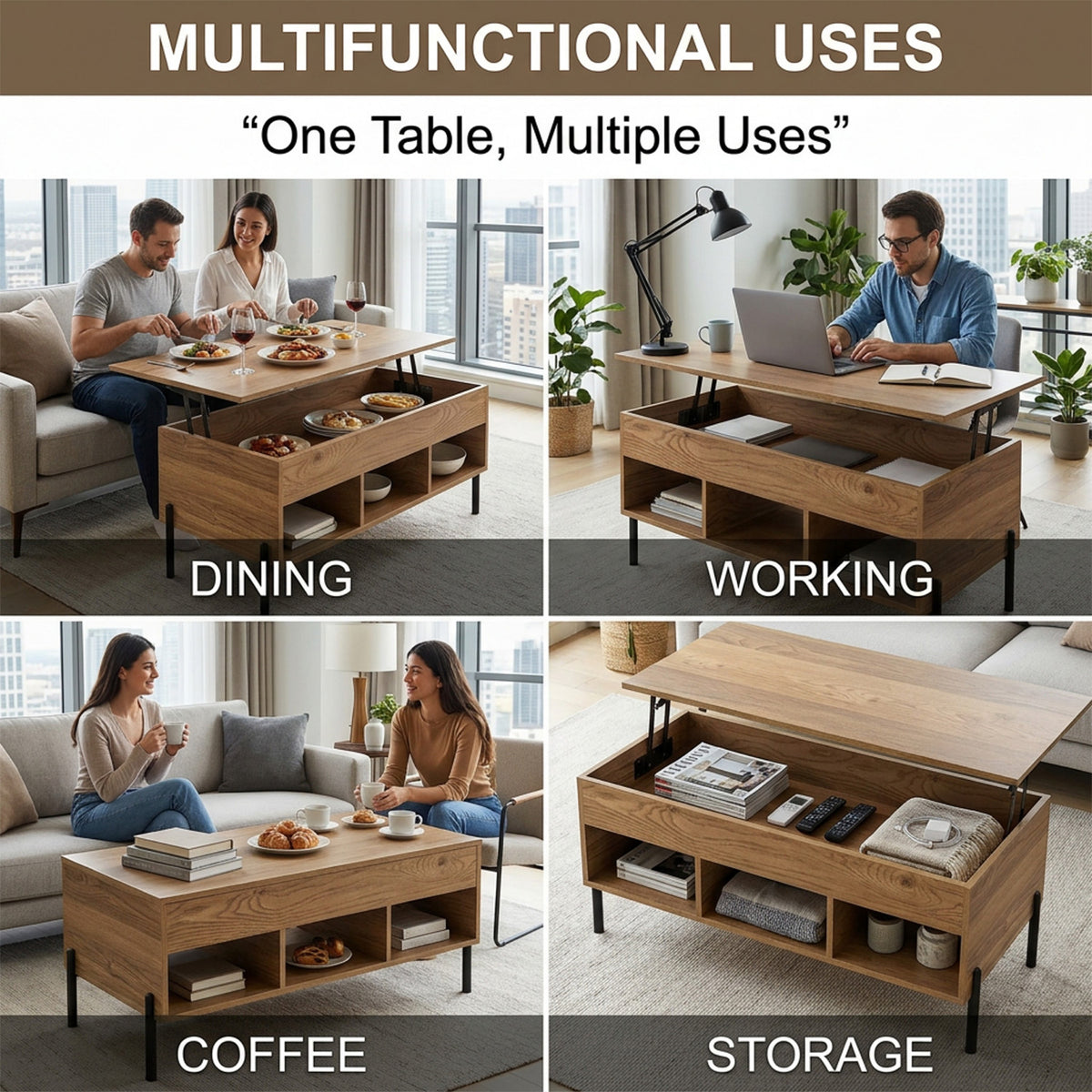 Lift Top Coffee Table with Hidden Compartment 3 Open Cubbies Furniture