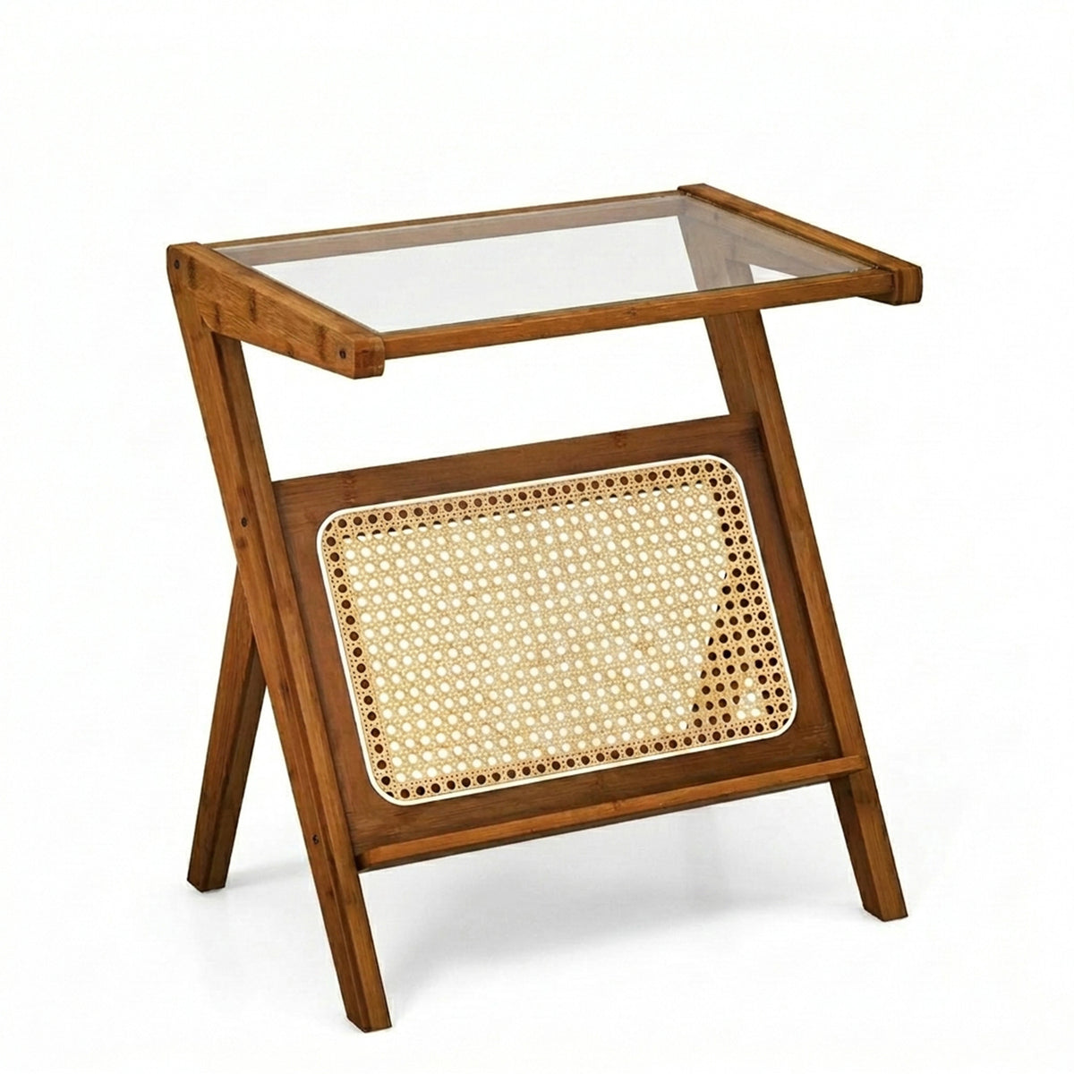 Z Shaped Boho Bamboo End Table with Tempered Glass Top Furniture Home