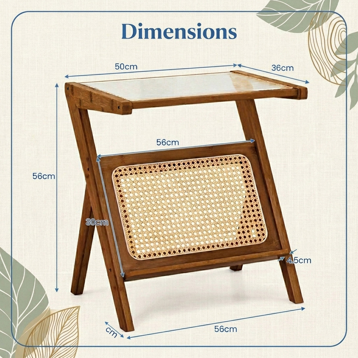 Z Shaped Boho Bamboo End Table with Tempered Glass Top Furniture Home
