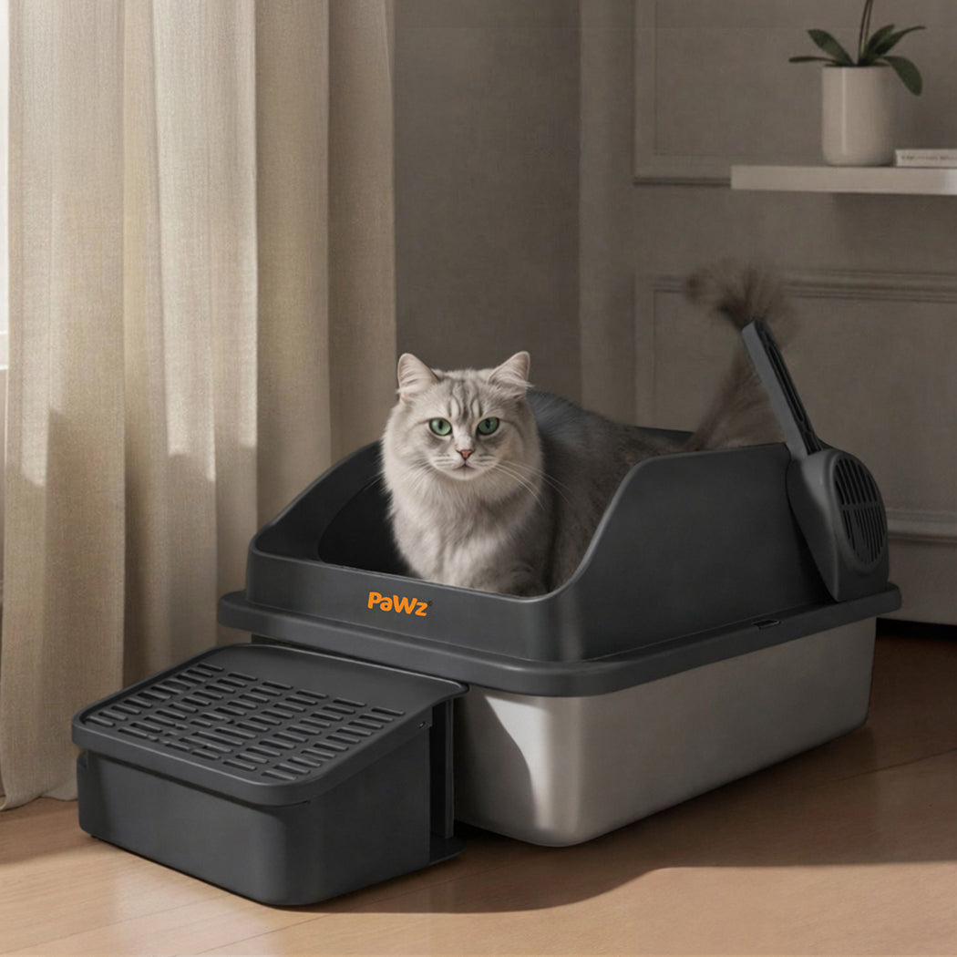 Pawz Stainless Steel Cat Litter Box Big Cats Kitten High Sided Easy Clean Grey-2065254294315208710