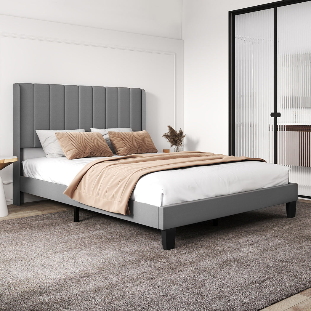 Levede Metal Wooden Bed Frame Double Panel Plush Upholstered Soft Headboard Grey-2065254298467569670